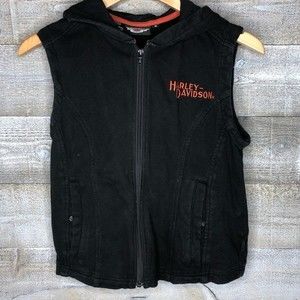 Harley Davidson biker small sleeveless black zip up hooded motorcycle vest